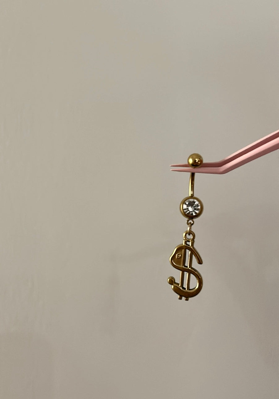 Gold dollar charm belly bar