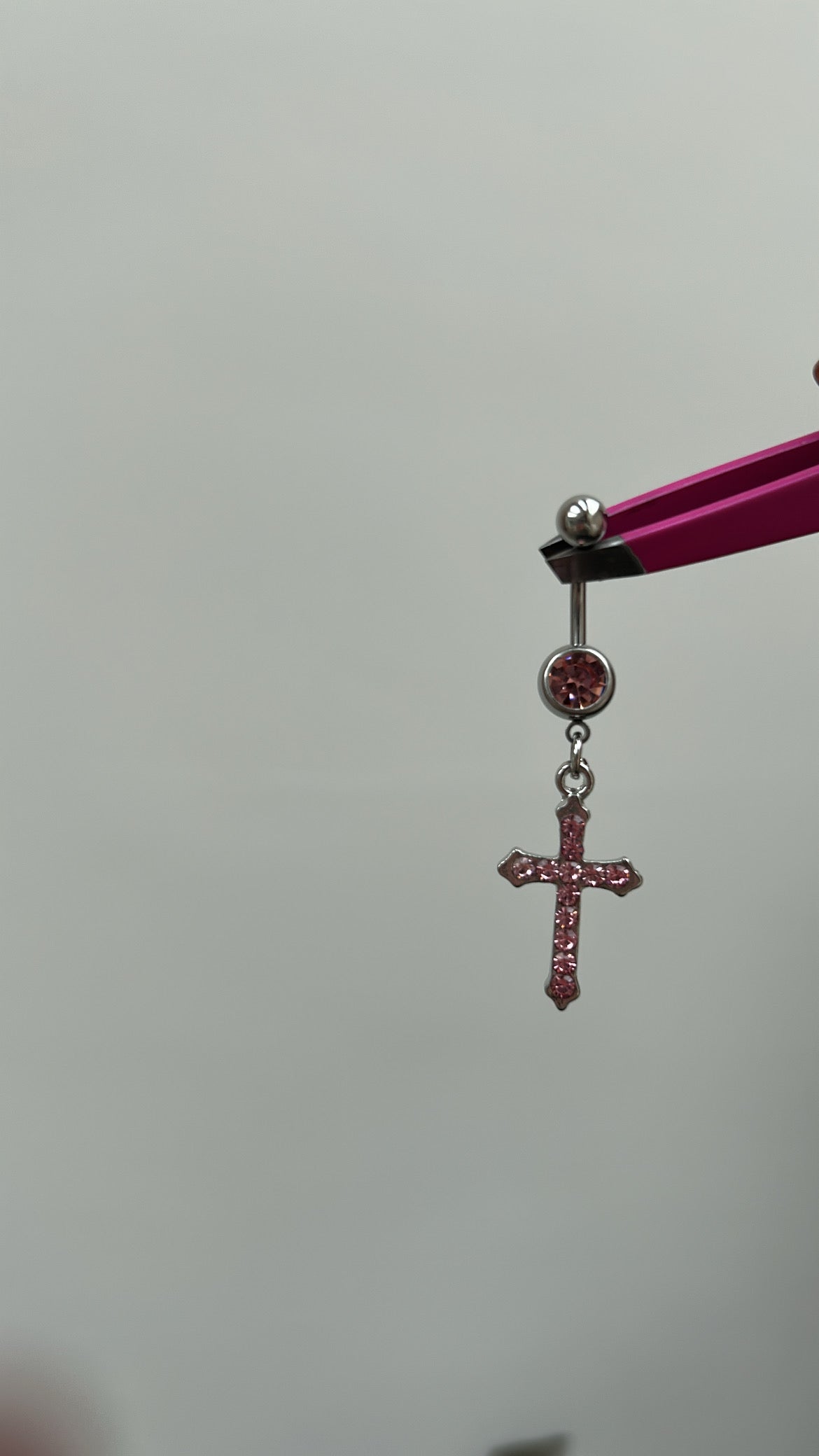 Pink&silver diamanté cross belly bar