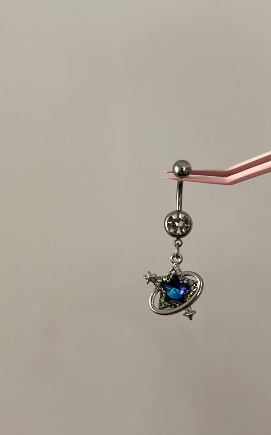 Silver galaxy blue star diamanté belly bar
