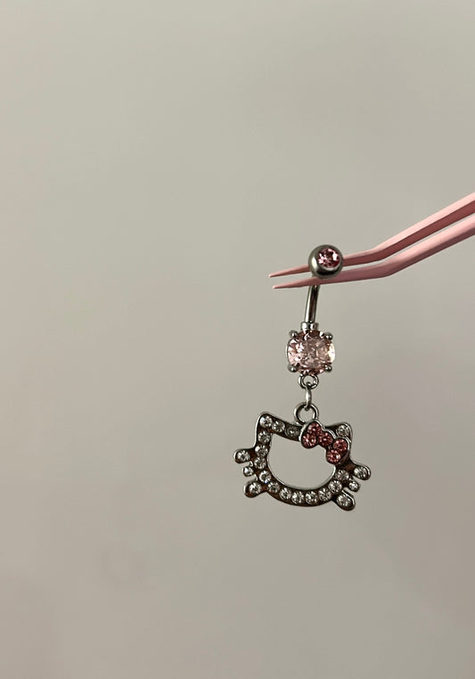 Silver&Pink diamanté kitty belly bar